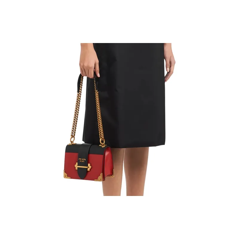 PRADA Cahier Metal Calfskin Shoulder Bag Crossbody Bag Women's Red/Black-3