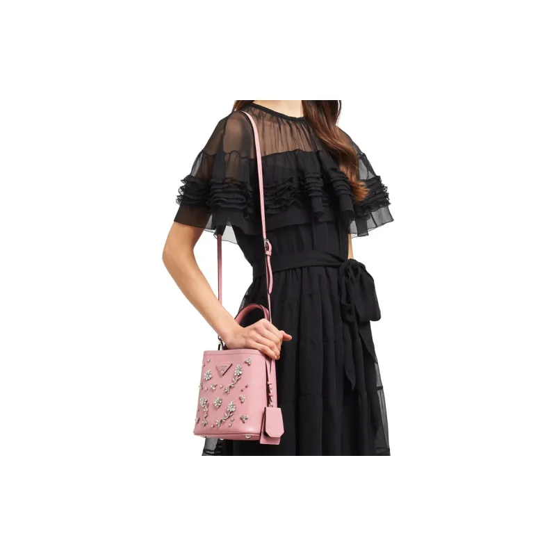 PRADA Panier Leather Handbag Small Size Women's Petal Pink-4