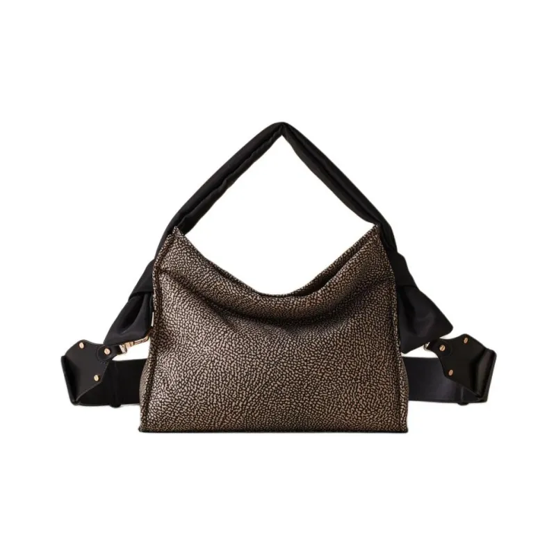 BORBONESE Polyester Hobo Bag, Portable Crossbody Bag, Shoulder Bag Trumpets Women's Natural & Black-0