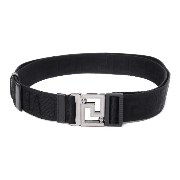 VERSACE Logo Design Smooth Buckle Calfskin Polyester Leather Belts Men's Black Width: 4CM-0