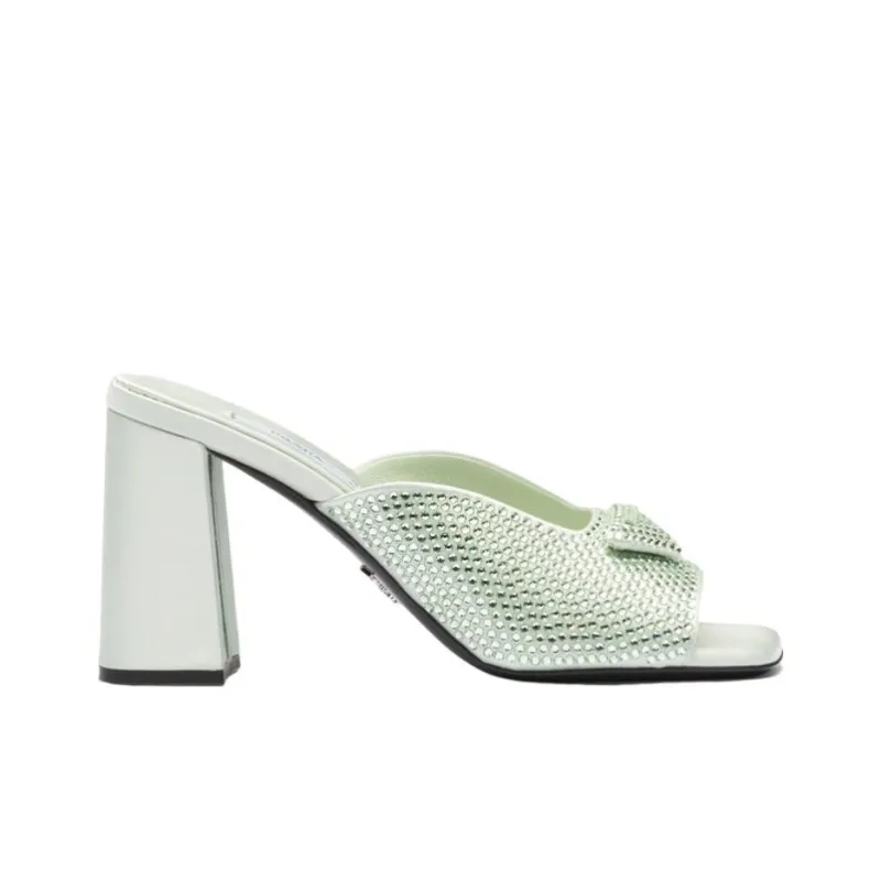 PRADA Crystal-studded High-heeled Satin Slides-1