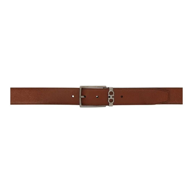 FERRAGAMO Silver Badge Brogues Metal Calfskin Leather Belts Women's Brown 4CM-0
