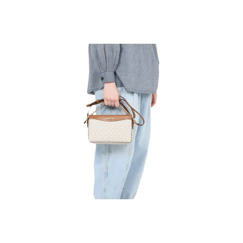 MICHAEL KORS MK Jet Set Leather Crossbody One Shoulder Handbag Large Size Women's Vanilla White & Acorn Brown-2