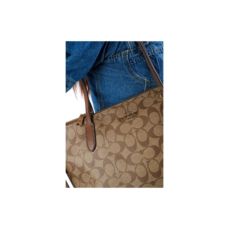COACH Zip Top Tote Canvas With Leather Tote Bag Shopping Bag Shoulder Bags Large Size Women's Brown Monogram-6