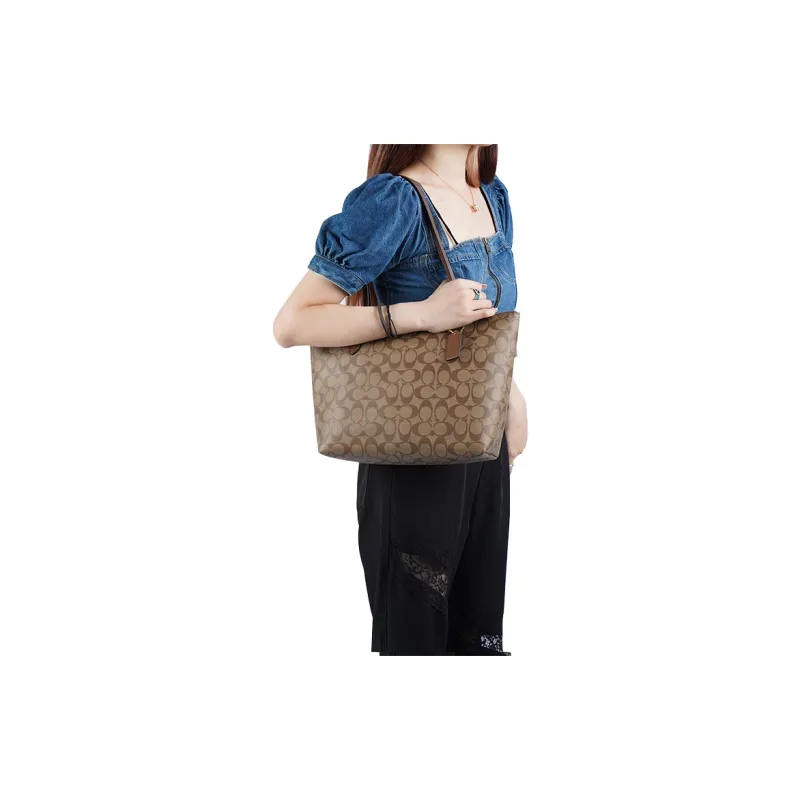 COACH Zip Top Tote Canvas With Leather Tote Bag Shopping Bag Shoulder Bags Large Size Women's Brown Monogram-8