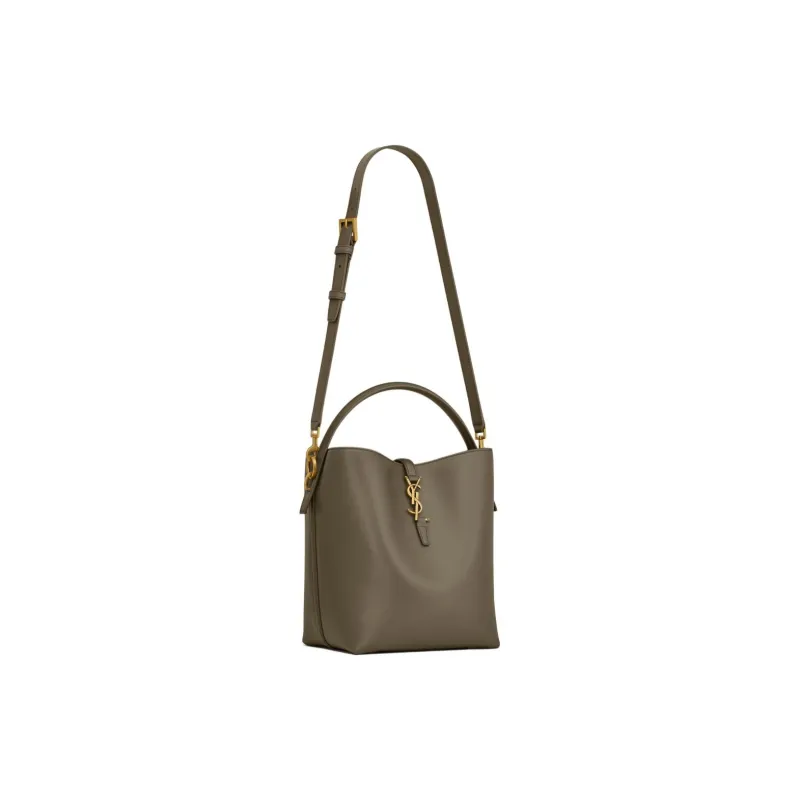 SAINT LAURENT Shiny Leather Bucket Bag, Portable Crossbody Bag, Shoulder Bag Women's Dark Musk-3