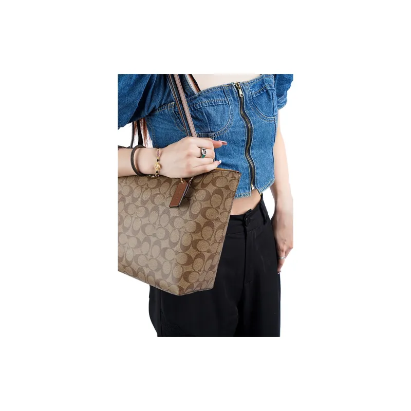 COACH Zip Top Tote Canvas With Leather Tote Bag Shopping Bag Shoulder Bags Large Size Women's Brown Monogram-5
