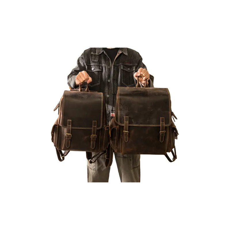 Back Step Top Grain Cow Leather Double Shoulder Computer Travel Backpack Unisex Dark Brown-5