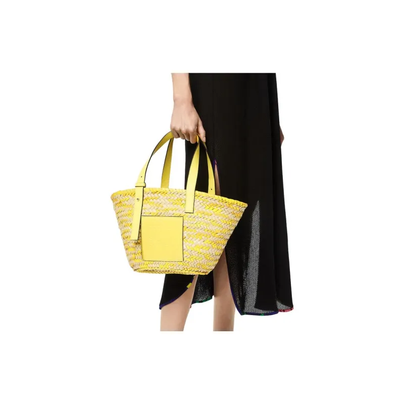 LOEWE Anagram Basket Palm Leaf Cow Leather Woven Tote Handbag Medium Size Women's Lemon-3