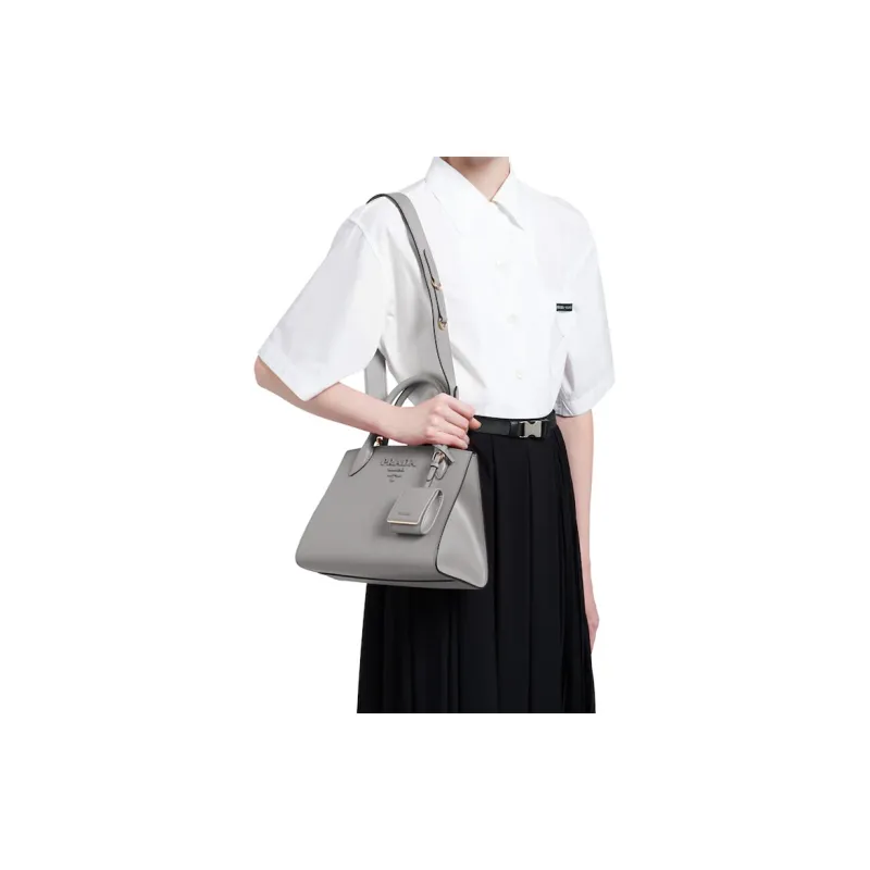 PRADA Monochrome Leather Tote Bag Shopping Bag Handbag Crossbody Bag Women's Marble Gray-4