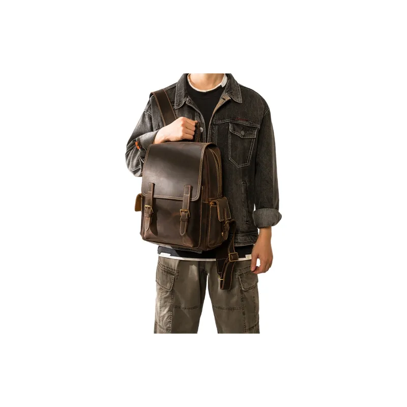 Back Step Top Grain Cow Leather Double Shoulder Computer Travel Backpack Unisex Dark Brown-4