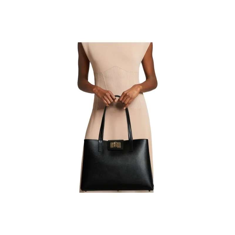 Furla 1927 Collection Leather Briefcase, Tote Bag, Shopping Bag, Shoulder Bag, Handbag Large Size Women's Black-3