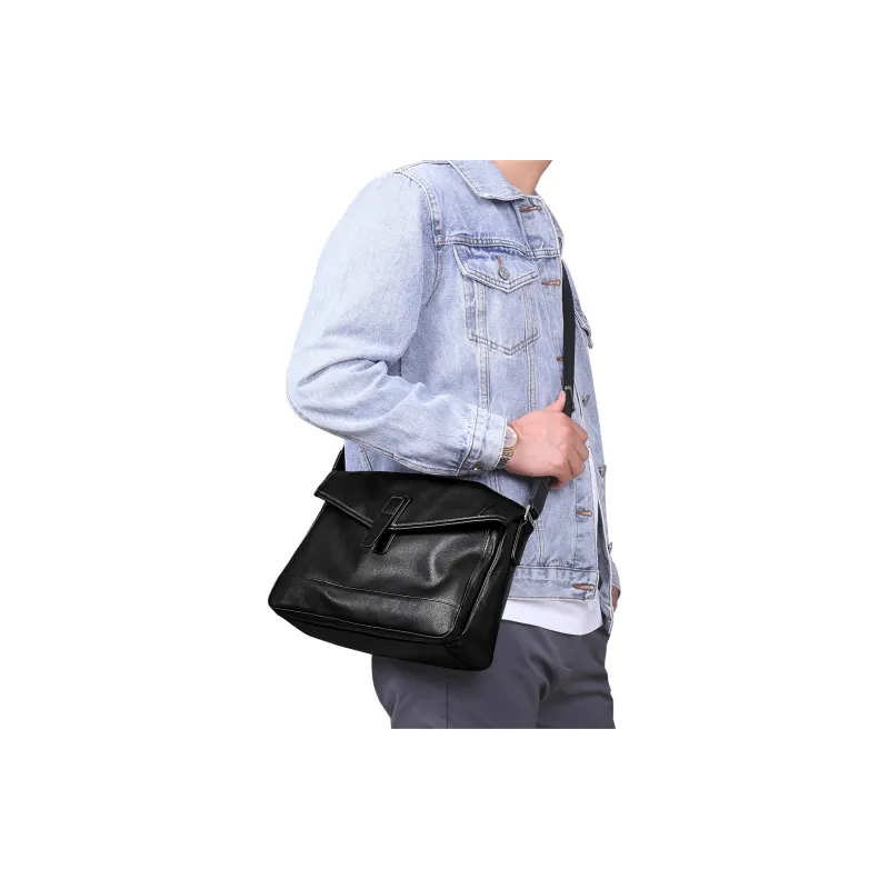 Old Man's Head Cow Leather Crossbody Shoulder Bag Regular Men's Black-5