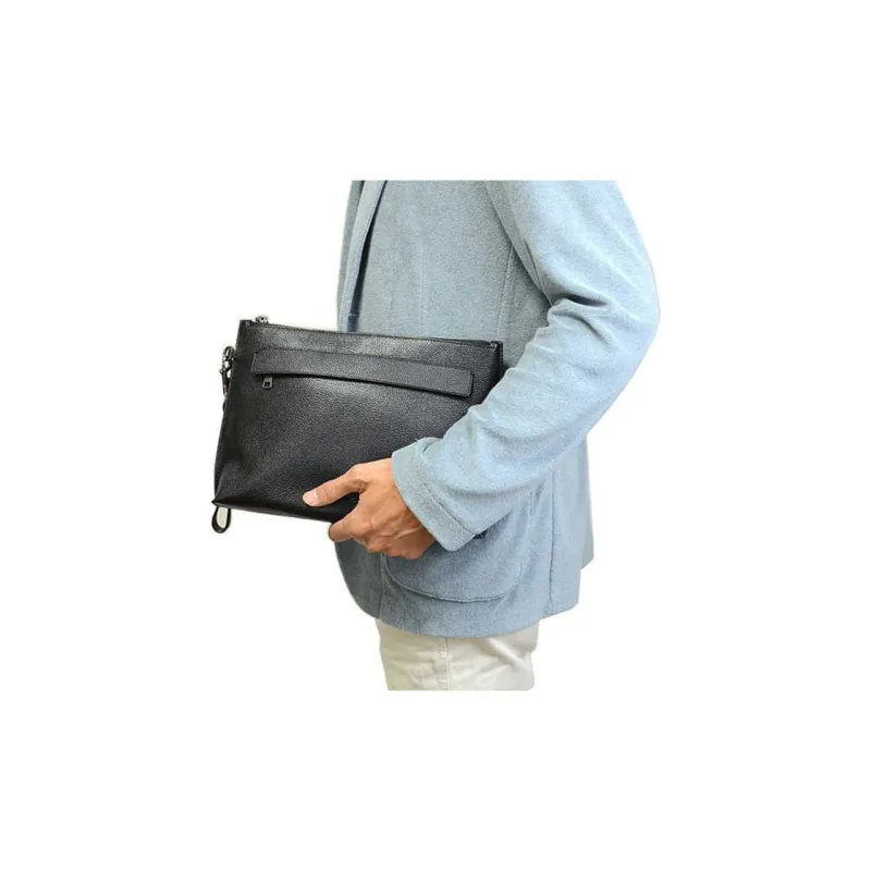 COACH Pouch Polished Pebbled Leather Wrist Bag Clutch Large Size Men's Black-6