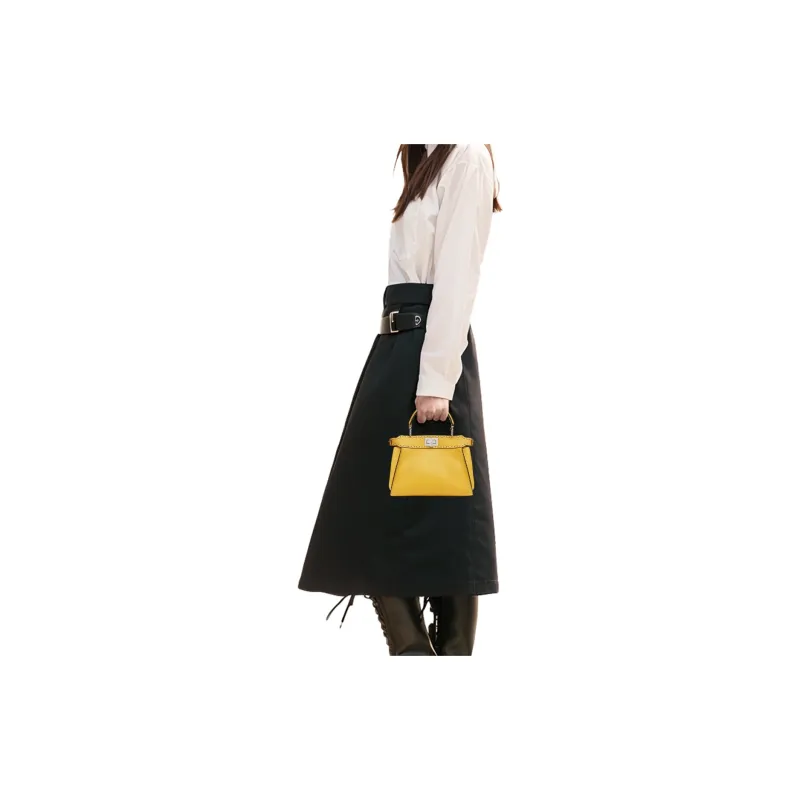 FENDI Peekaboo Full Textured Leather Shoulder Bag Crossbody Bag Handbag Mini Women's Yellow-5