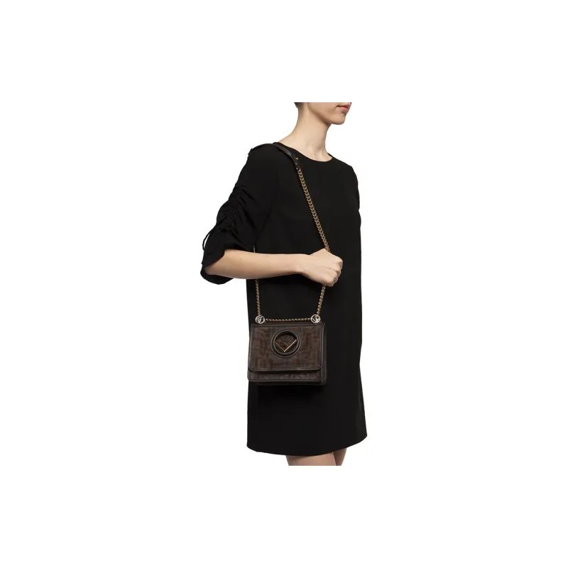 FENDI Kan I Tech Mesh Material Patchwork Leather One Shoulder Handbag Crossbody Bag Mini Women's Brown-6