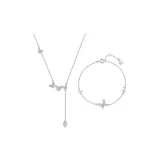 Sterling Silver Butterfly Bracelet+Alloy Butterfly Necklace, Silver