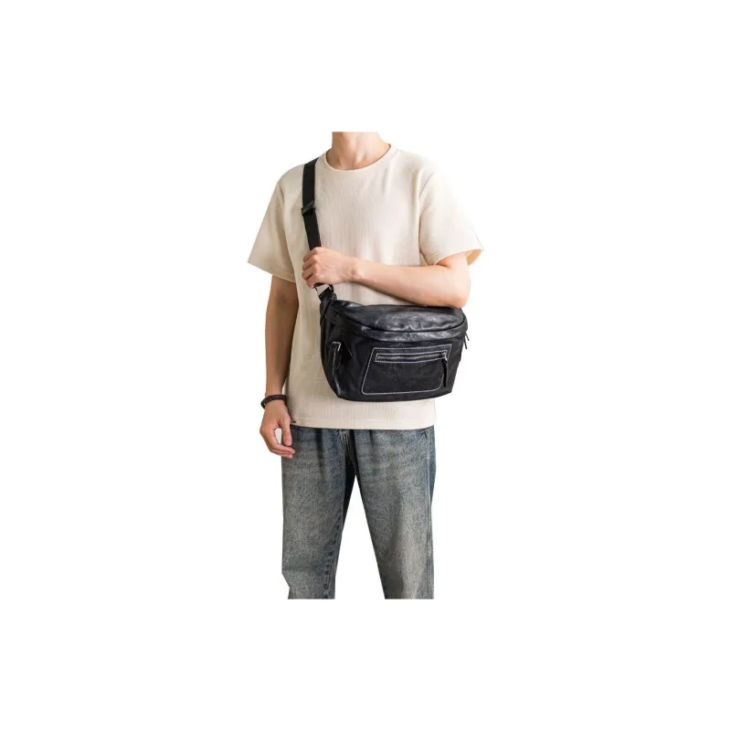 Back Step Top Grain Cow Leather Genuine Leather Crossbody Bag Sling Bag Fanny Pack Unisex Black-4