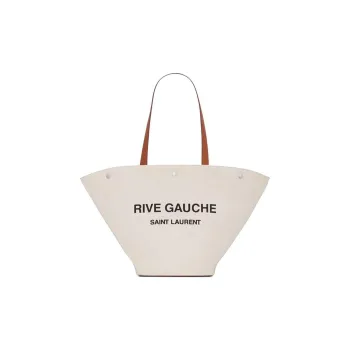 SAINT LAURENT Rive Gauche Canvas With Leather Tote Bag Shopping Bag Canvas Bag One Shoulder Handbag Women's Taupe/Black