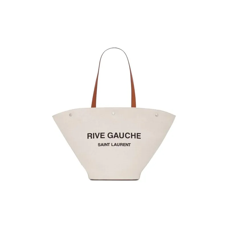 SAINT LAURENT Rive Gauche Canvas With Leather Tote Bag Shopping Bag Canvas Bag One Shoulder Handbag Women's Taupe/Black-0