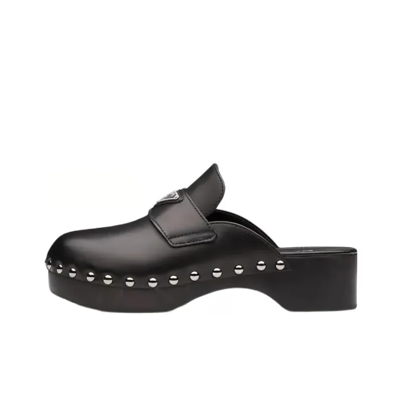 PRADA 45mm Studded Clogs Black Leather-0