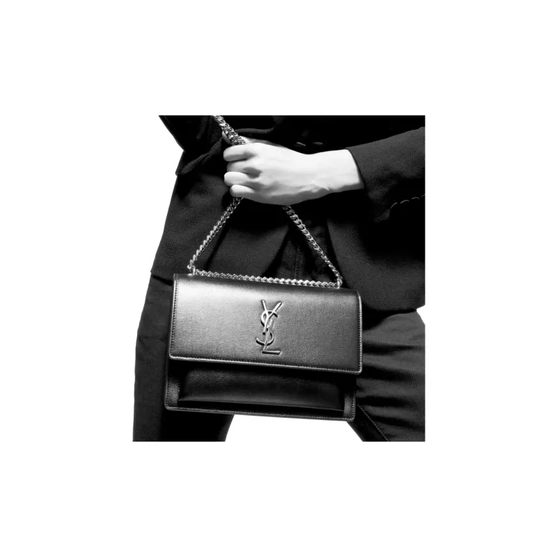 SAINT LAURENT Smooth Leather Sunset Bag Crossbody Bag Shoulder Bag Medium Size Women's Black-8