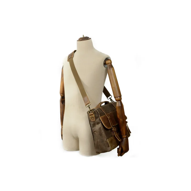 COTECi Top Grain Cow Leather With Canvas Shoulder Bag, Crossbody Bag, Handbag Regular Unisex Black/Brown-9