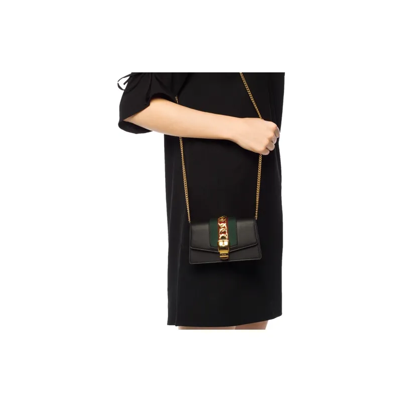GUCCI Sylvie Cow Leather Crossbody Bag Shoulder Bag Women's Black-9