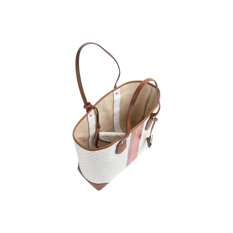 MICHAEL KORS Eva Canvas Tote Bag, Shopping Bag, Handbag Women's Acorn Brown & Coral Red & White-3