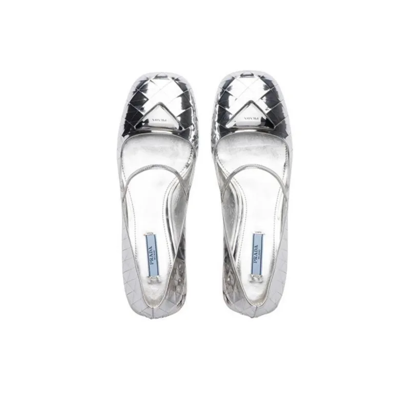 PRADA Block Heel Mary Jane Shoes Women's Silver-4