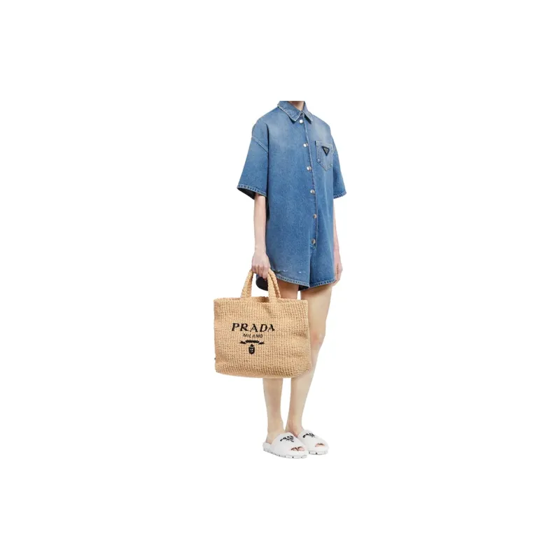 PRADA Raffia Tote Bag Shopping Bag Handbag Women's Tawny-4