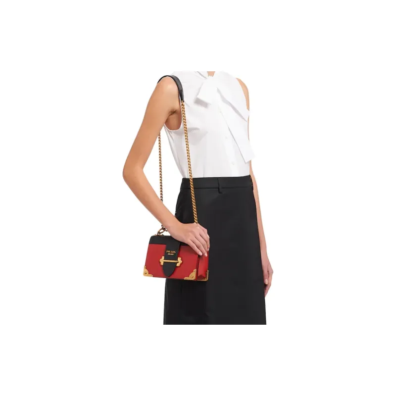 PRADA Cahier Metal Calfskin Shoulder Bag Crossbody Bag Women's Red/Black-4
