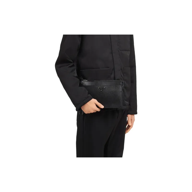 PRADA Saffiano Leather Clutch Men's Black-4