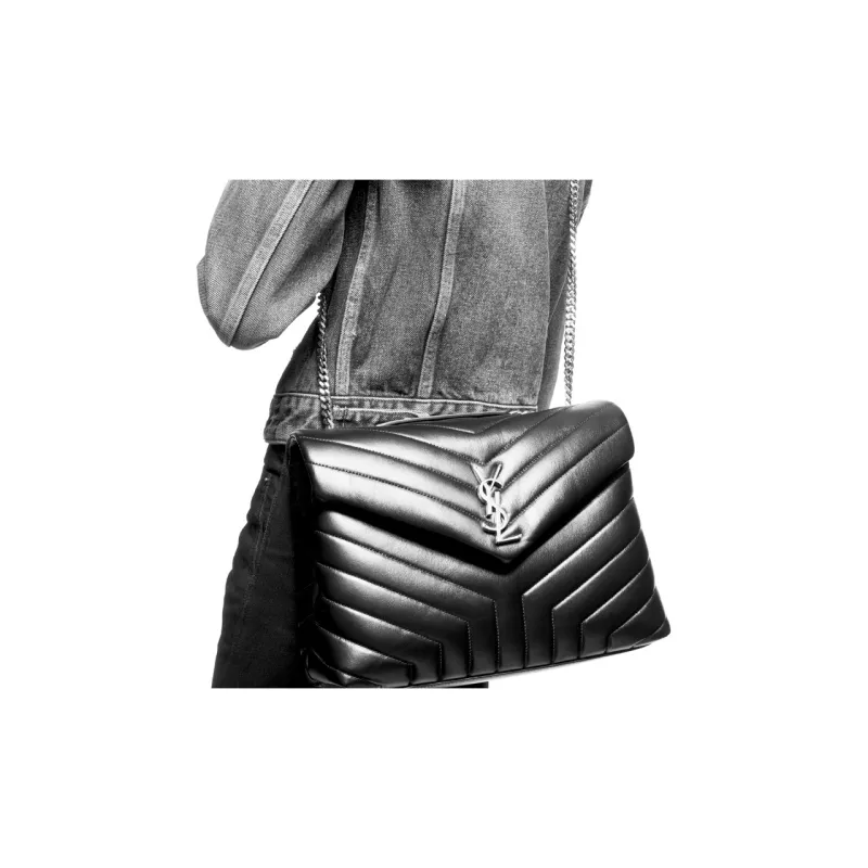 SAINT LAURENT LOULOU Leather Crossbody Bag, Shoulder Bag Women's Gray Black-5