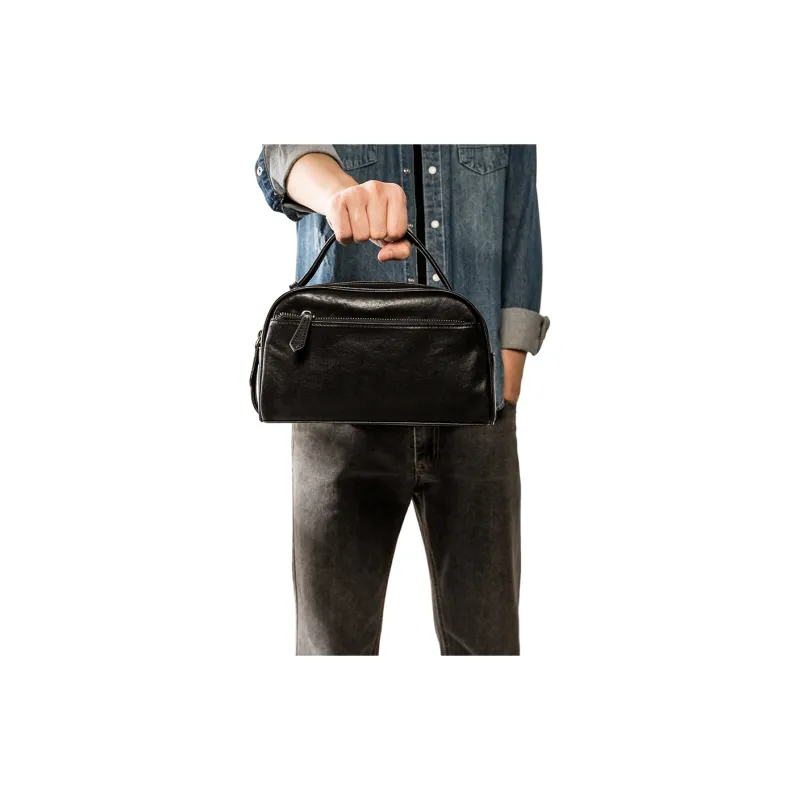 Back Step Top Grain Cow Leather Handbag Regular Unisex Black-5