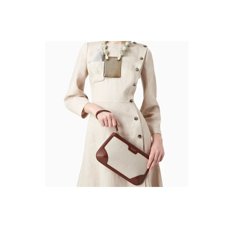 GIORGIO ARMANI Canvas With Leather Clutch Women's Brown & Beige-5