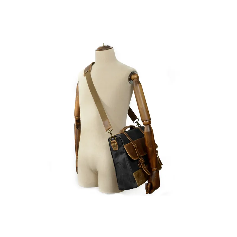 COTECi Top Grain Cow Leather With Canvas Shoulder Bag, Crossbody Bag, Handbag Regular Unisex Black/Brown-4