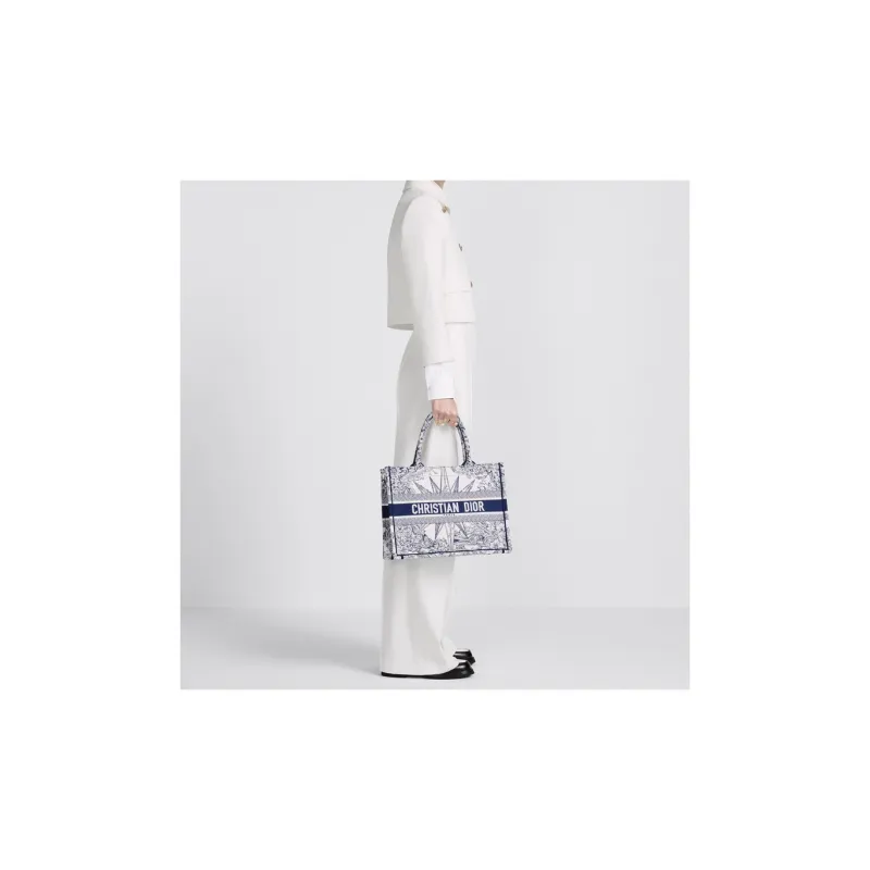 DIOR BookTote Embroidery Tote Bag, Shopping Bag, One Shoulder Handbag Medium Size Women's Blue/White-6