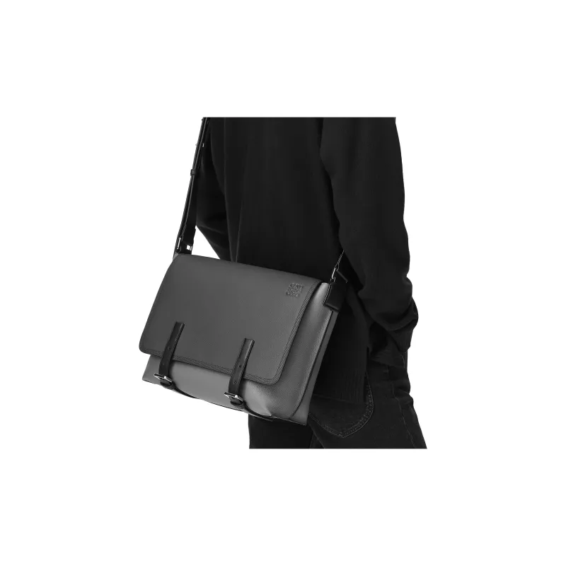 LOEWE Anagram Basket Soft Grained Cow Leather Patchwork Canvas Messenger Bag Shoulder Bag Crossbody Bag Men's Black-3