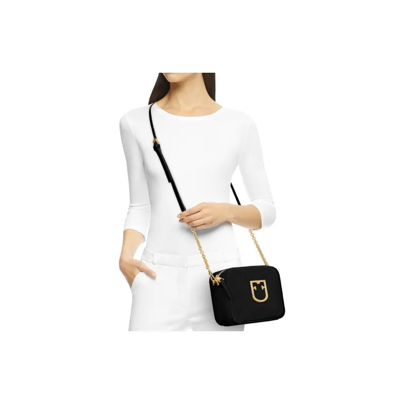 Furla Brava Camelia Leather Small Square Bag Crossbody Bag Shoulder Bag Women's Black-4