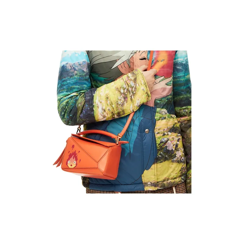 LOEWE Howl's Moving Castle Puzzle Satin Cow Leather Shoulder Bag Crossbody Bag Handbag Mini Women's Orange-7