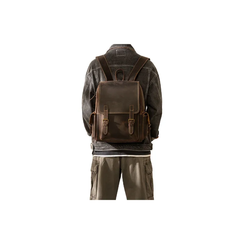Back Step Top Grain Cow Leather Double Shoulder Computer Travel Backpack Unisex Dark Brown-3