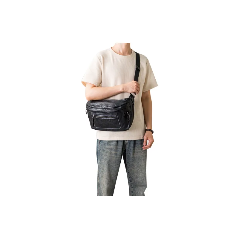 Back Step Top Grain Cow Leather Genuine Leather Crossbody Bag Sling Bag Fanny Pack Unisex Black-3