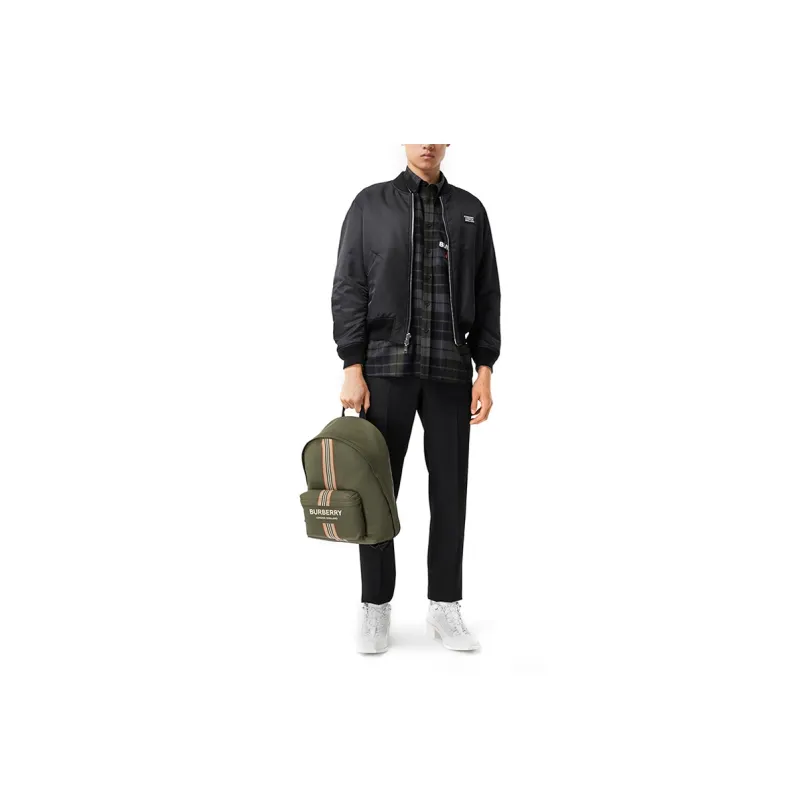 Burberry Logo And Icon Stripe Backpack Green/Beige-12