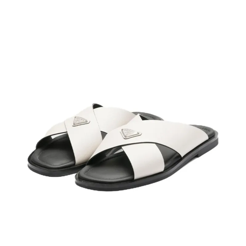 PRADA Saffiano Rubber Sole Quick Dry Slide Slippers Men's White-2