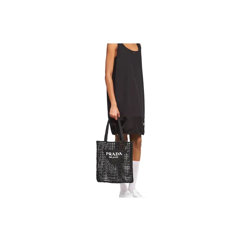 PRADA Raffia Fiber Tote Bag, Shopping Bag, Shoulder Bag, Handbag Women's Black-5