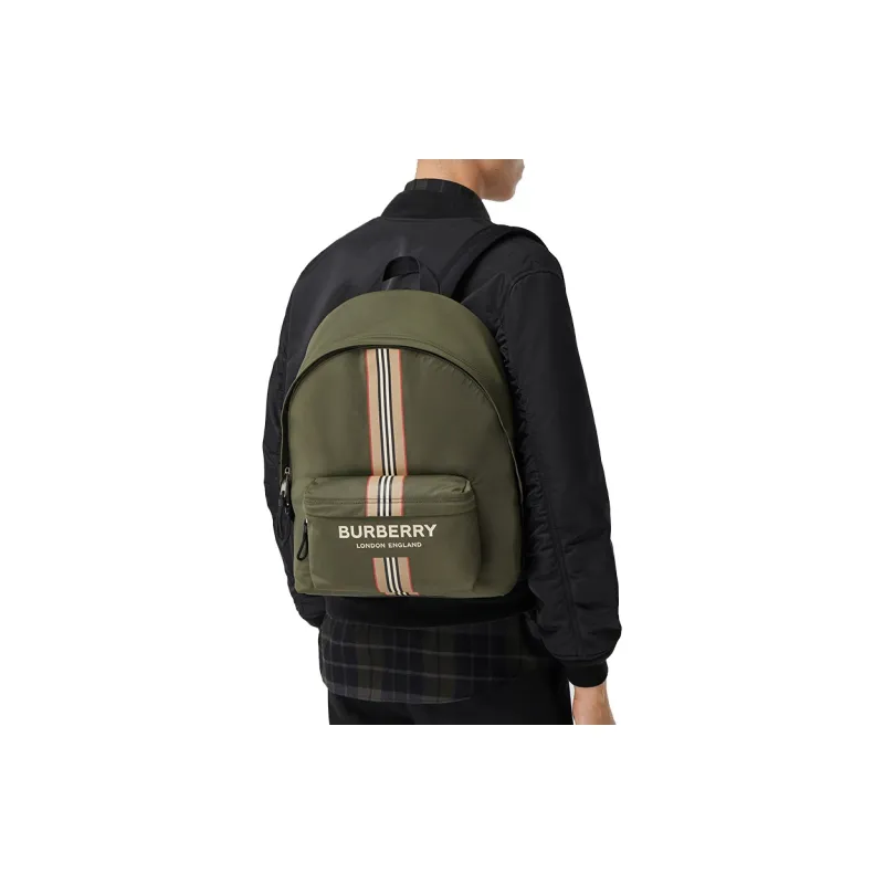Burberry Logo And Icon Stripe Backpack Green/Beige-11