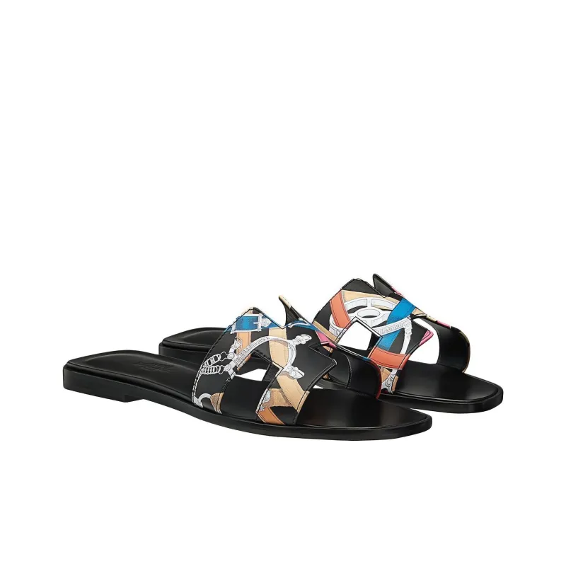 HERMES Oran Slide Slippers Women's Black White Blue-2