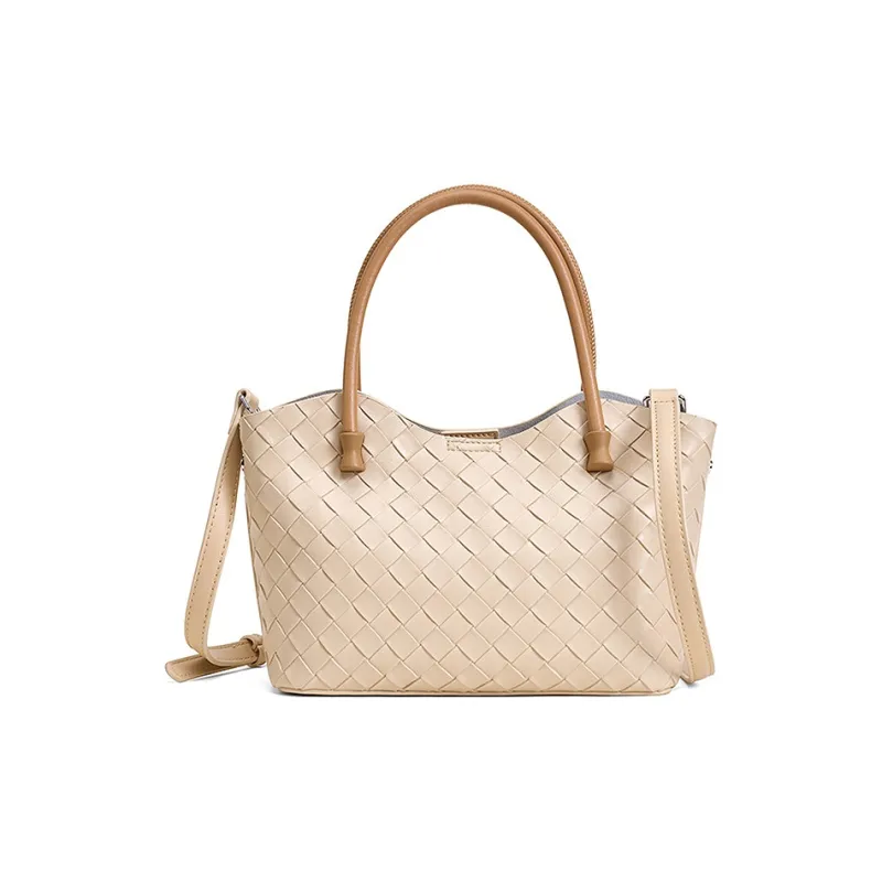 Yalu Cow Leather Handbag Shoulder Bag Crossbody Bag Woven Bag Women's Apricot/Black-0