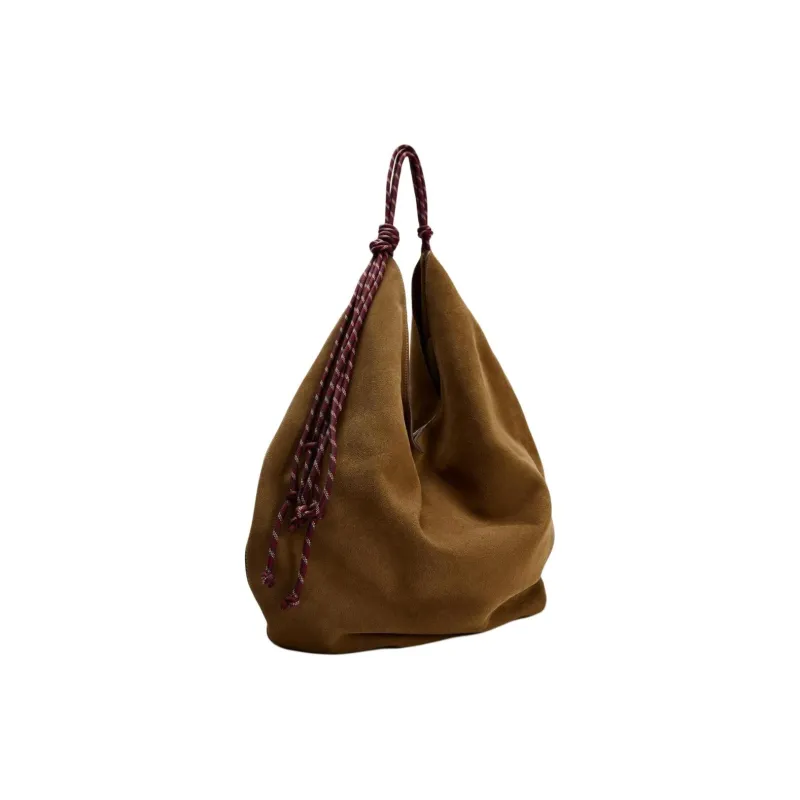 ZARA Cow Leather Handbag Shoulder Bag Large Size Women's Dark Brown Yellow-1